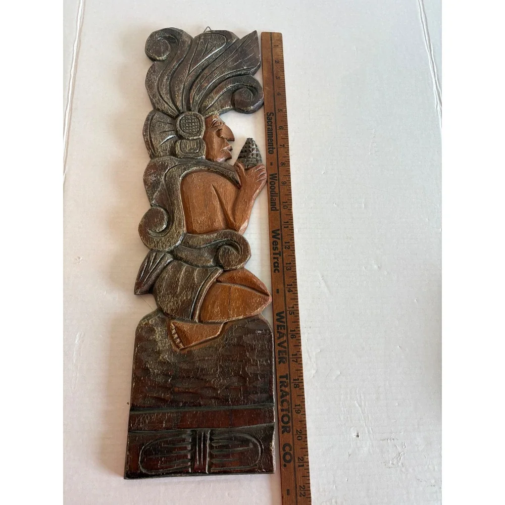 Vintage Mayan Aztec Hand Carved Wood Wall Plaque Folk Art Figure 21 Inch